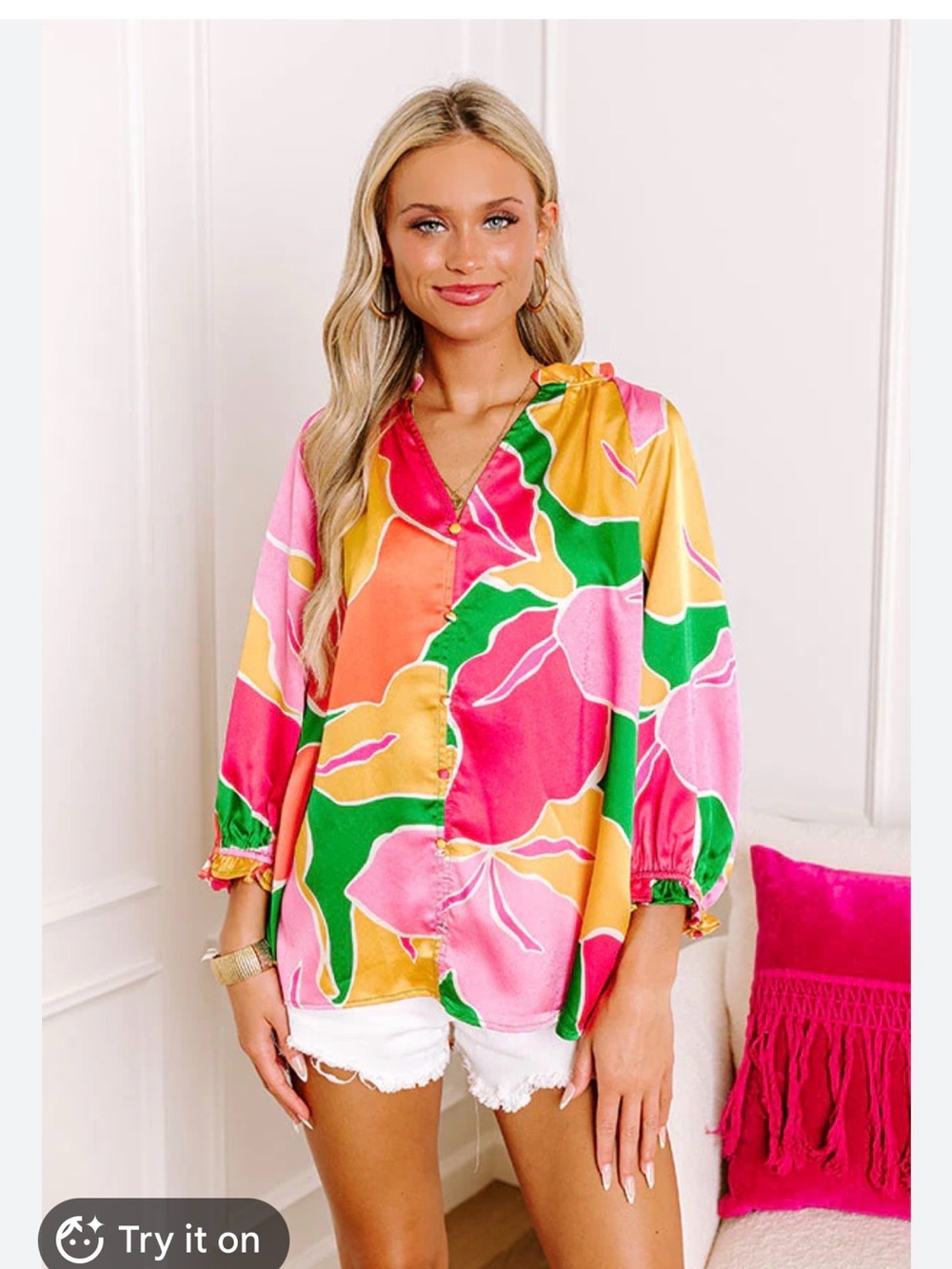 entro Multicolor Floral Button-Down Blouse - Pink, Green & Yellow